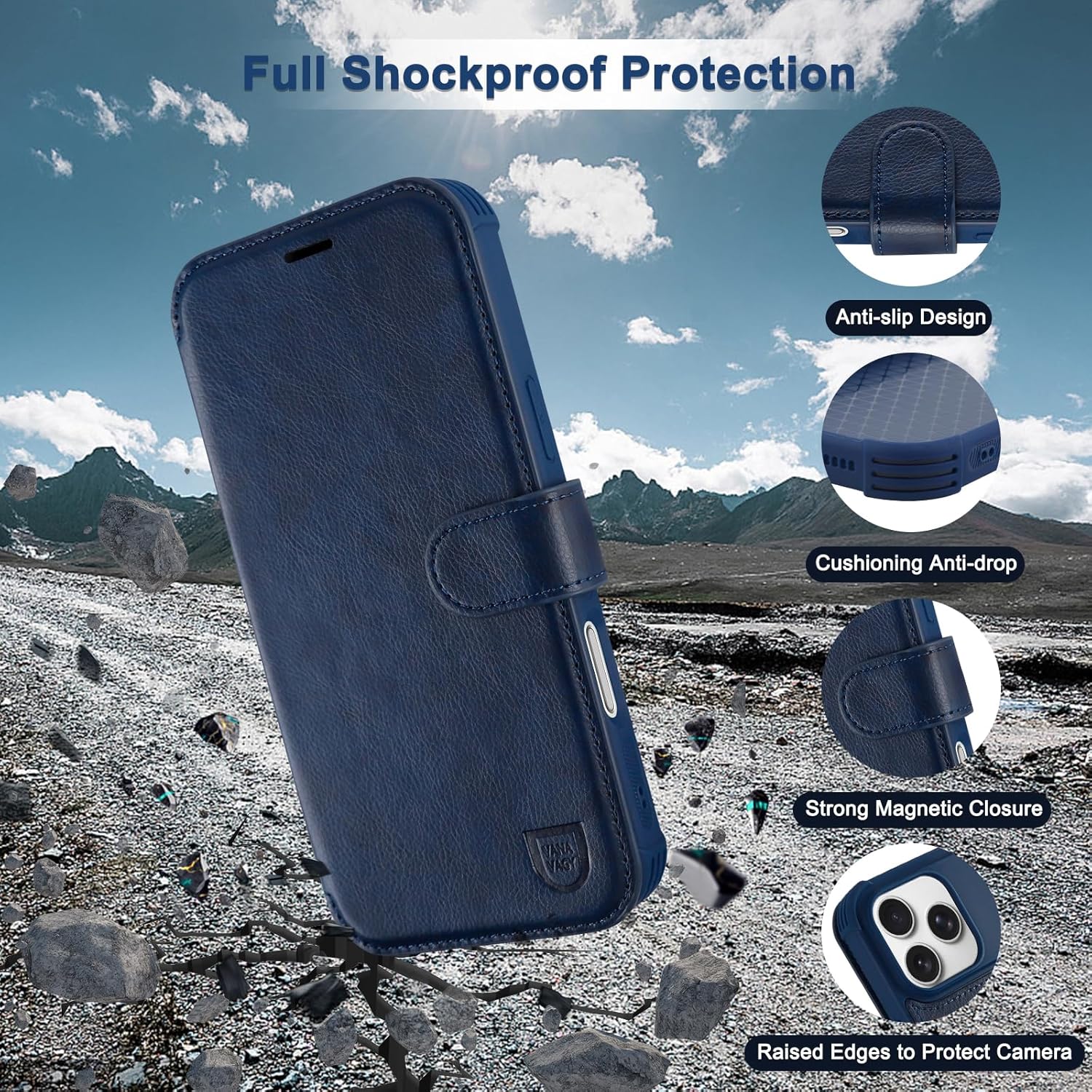 VANAVAGY Compatible for iPhone 17 Pro Wallet Case for Magsafe Wireless Charging, PU Leather Flip Folio Shockproof Phone Cover with Wristlet RFID Blocking Card Holder [Screen Protector],Navy Blue