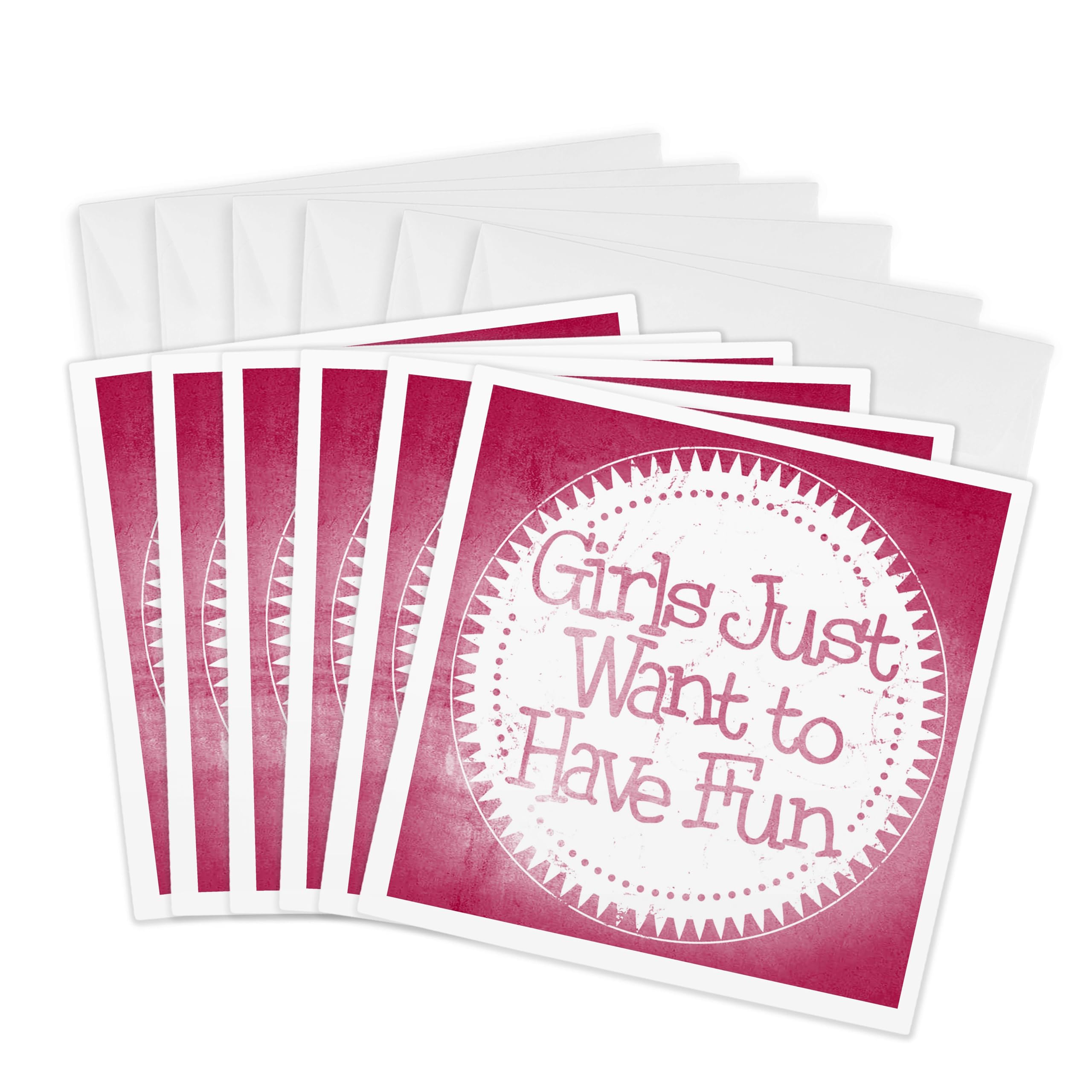 3dRose Greeting Cards - Pink On White Girls Just Want To Have Fun Word Art - 6 Pack - Fun Word Art