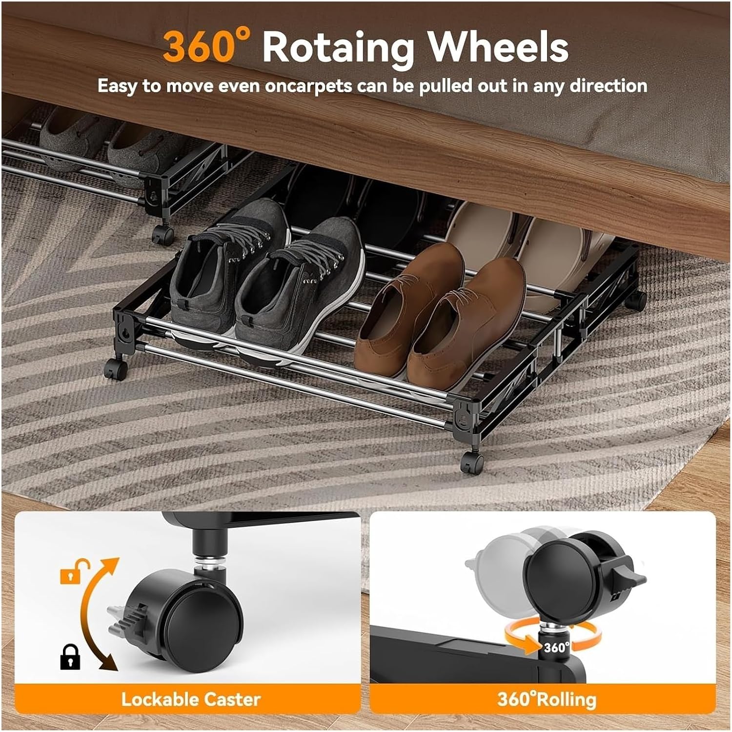 Fixable Underbed Rack Easy Assembly Holds 8 Pairs of Shoes, 2 Pack Under Bed Shoe Storage with Wheels
