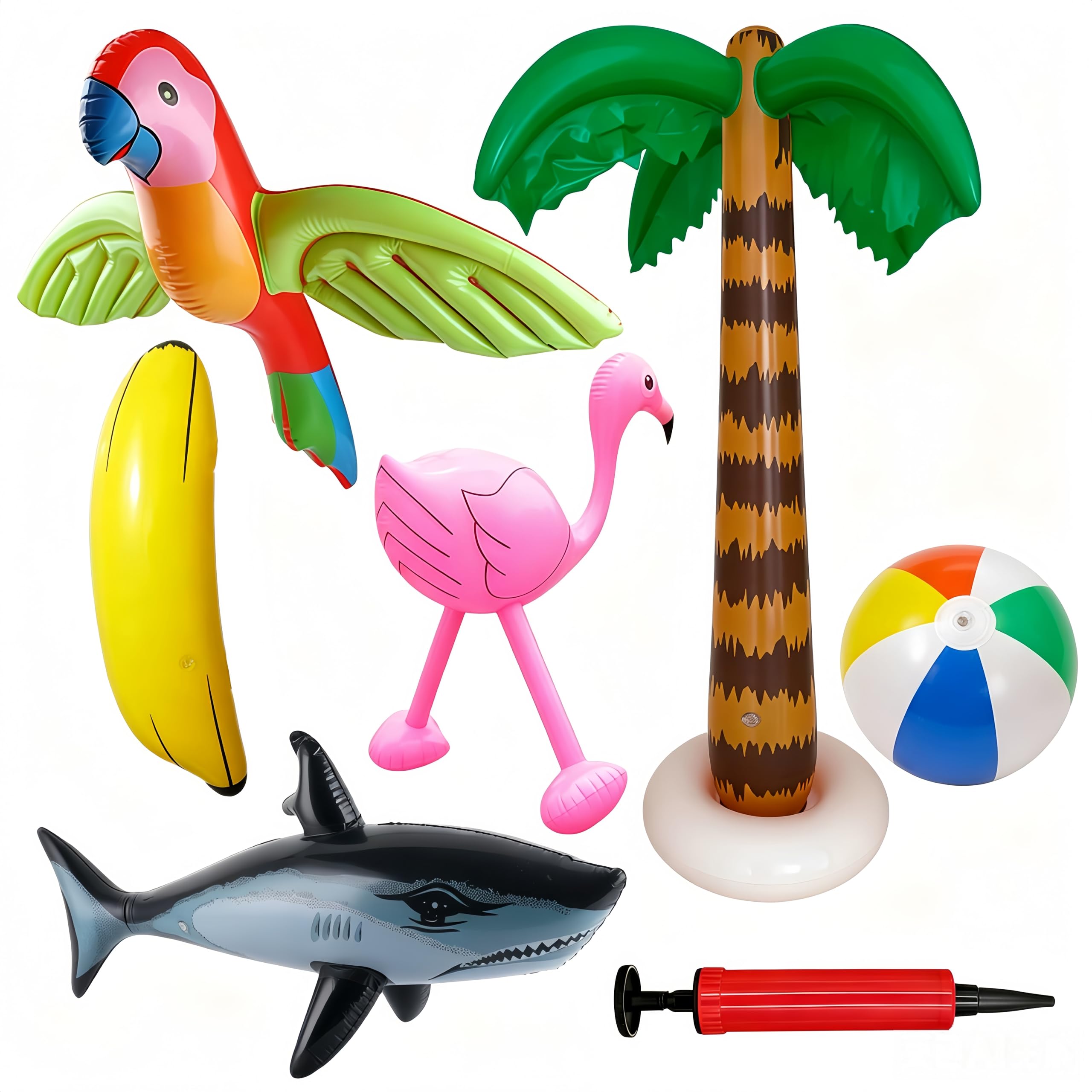 7 Pack Inflatable Palm Trees Flamingos Shark Parrot Banana Beach Balls Set Hawaiian Party Inflatable Decorations for Summer Pool Beach Party Decorations Backdrop Outdoor Party Supplies with Air Pump
