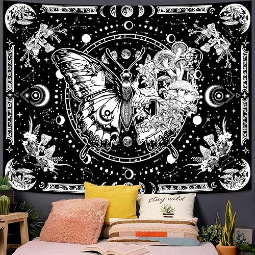 Miniatura 2 de Tapiz de esqueleto y mariposa, diseño de calavera en blanco y negro, diseño de hongos, tapiz estético hippie para colgar en la pared para