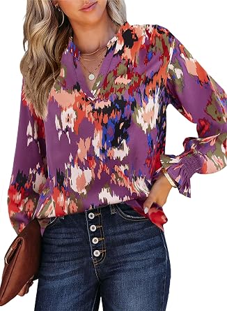 HOTOUCH Women Bohemian V Neck Floral Print Smocked Long Sleeve Casual Tops Chiffon Blouses Boho Shirts