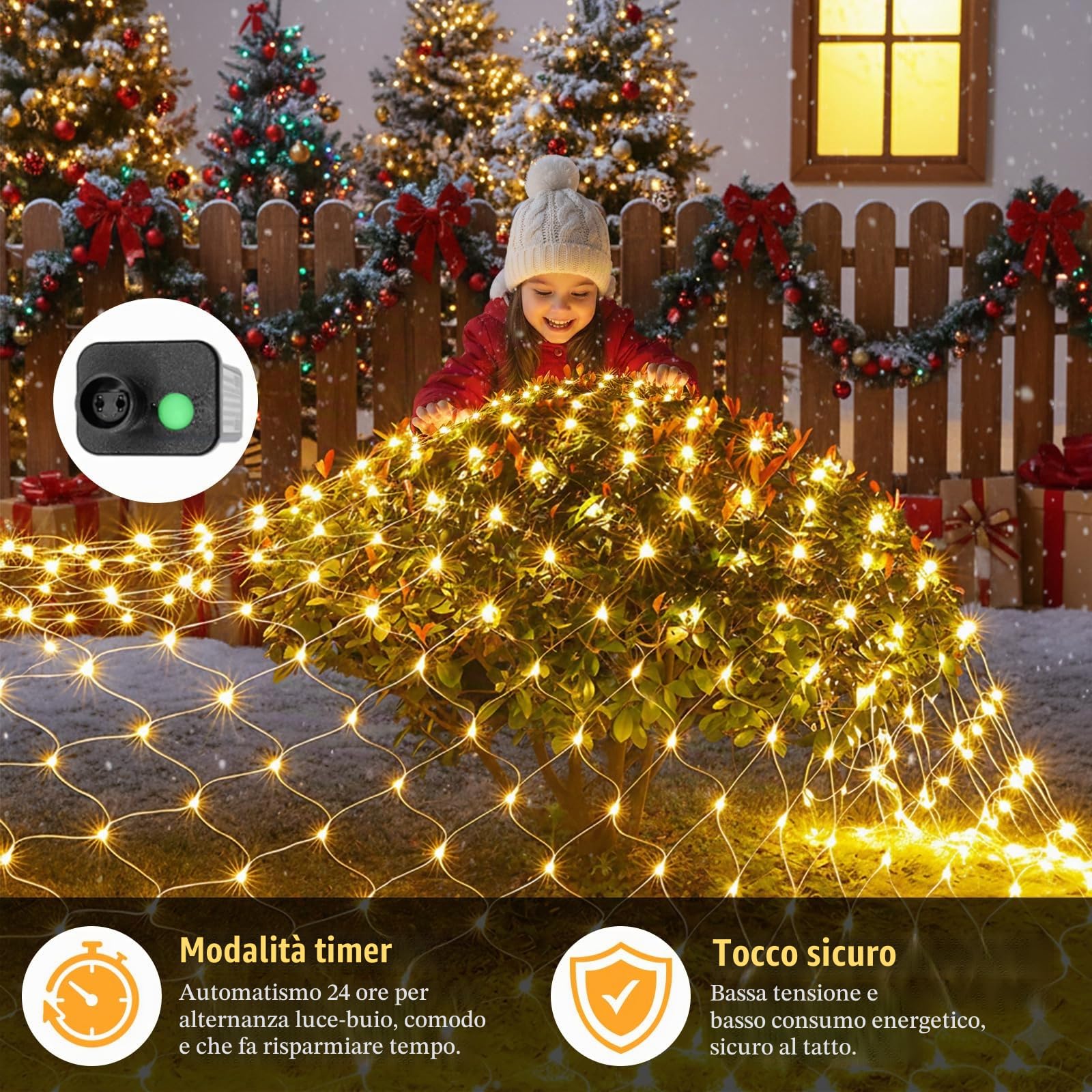 Rete luminosa per esterni, 6 x 4 m, 660 LED, rete con timer, 8 modalità di illuminazione e funzione di memoria, IP44, impermeabile, bianco caldo