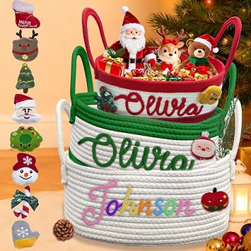 Personalized Christmas Gift Baskets with Name,Custom Baby Rope Cotton Basket for Organizing,Customized Storage Baskets for Baby Shower Christmas