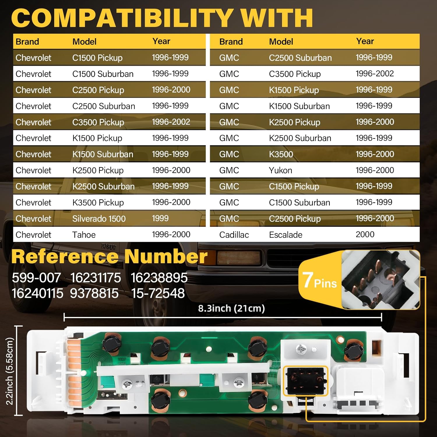 16231175 AC Heater Control Panel Climate Control Module Switch - Compatible with Chevy GMC C/K Series Trucks (C1500 C2500 C3500 K1500 K2500 K3500) 1996-2002 - Replaces 599-007 - Without Rear Defogger