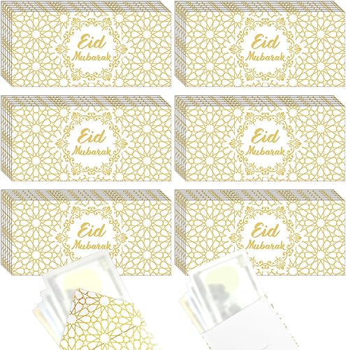 Vista 11 de Sinmoe 36 sobres de dinero Eid Mubarak a granel de 6.7 x 3.2 pulgadas, papel de aluminio dorado para tarjetas de regalo de Ramadán para decoración