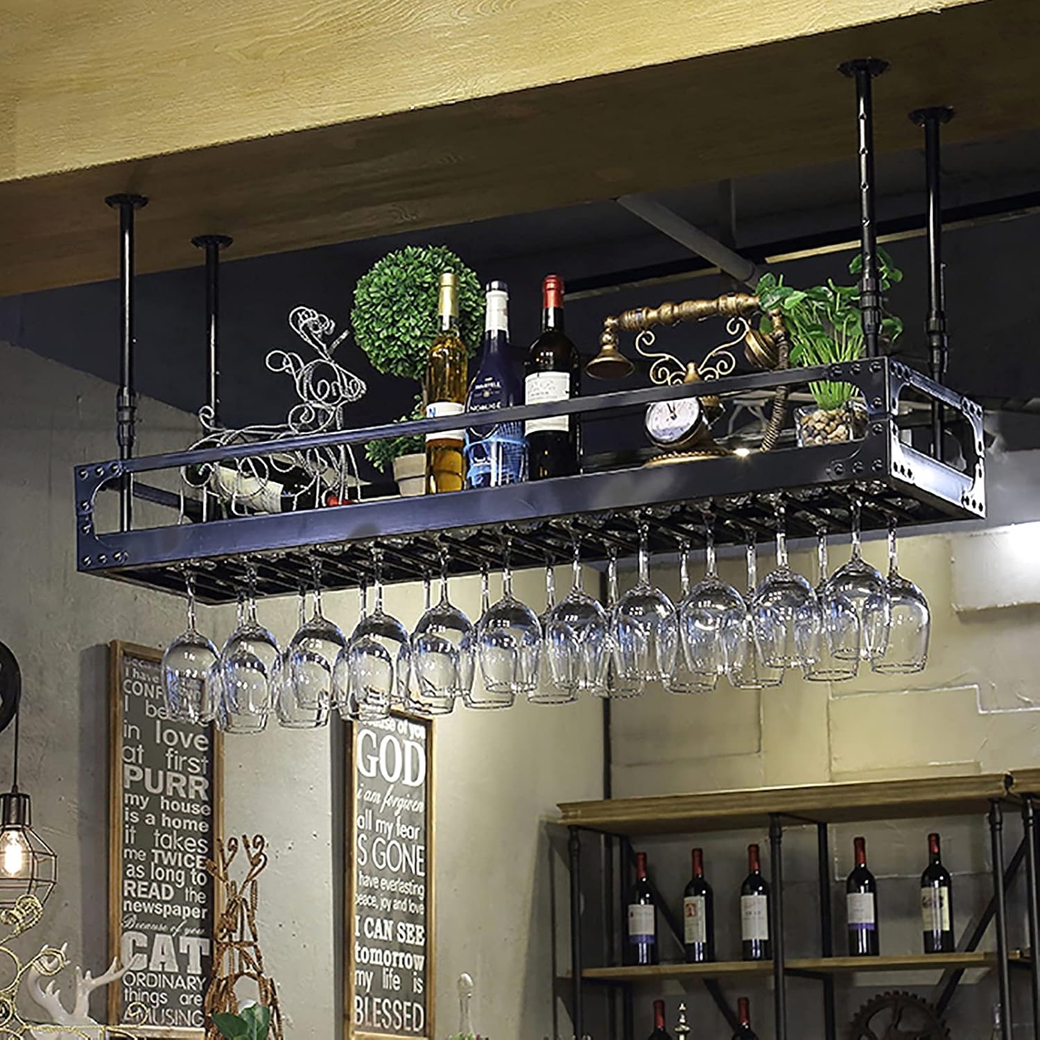 Ceiling Racks, Hanging Glass Holder, Ironall Mounted Holder, Upside Don Cups Rack, Decoration Storage Shelf for Bars/Home/Restaurants/Kitchens