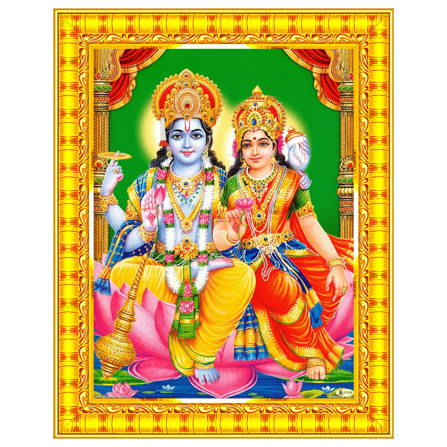 Lord Vishnu Dev Lakshmi Devi Laxmi Narayan Wall Painting Framed Home Decor (Wood,Matte,Gold,Small Size,6 x 8 Inch) R1586S