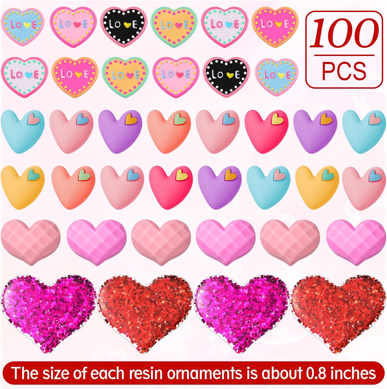 100 Pieces Slime Charms Valentine Heart Resin Flatback Slime Beads Resin Supplies Mini Love Embellishments Crafts Decorations for DIY Scrapbooking Jewelry Cell Phone Case (Heart)