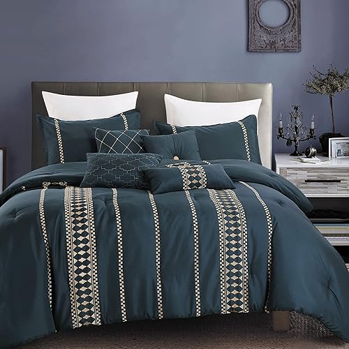 Bedding Haus Juego de edredón de lujo de 7 piezas tamaño KingCal-King con fundas de almohada, moderno y brillante, elegante, artístico, Goemterical