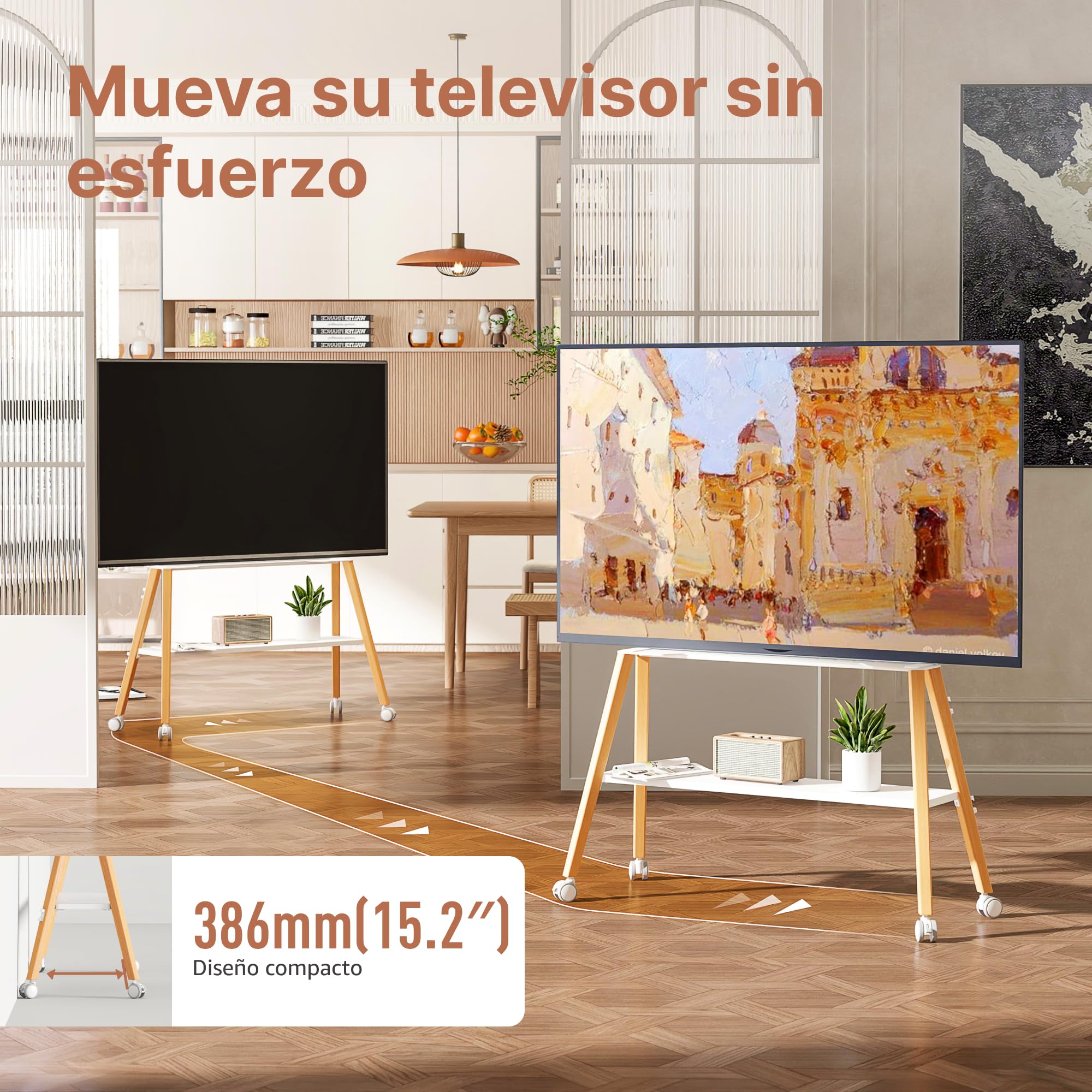 Soporte para TV con Ruedas para televisores de 49 a 75 Pulgadas | hasta 40 kg, diseño de caballete con estructura metálica y estante de madera, soporte de TV móvil con ruedas para tienda