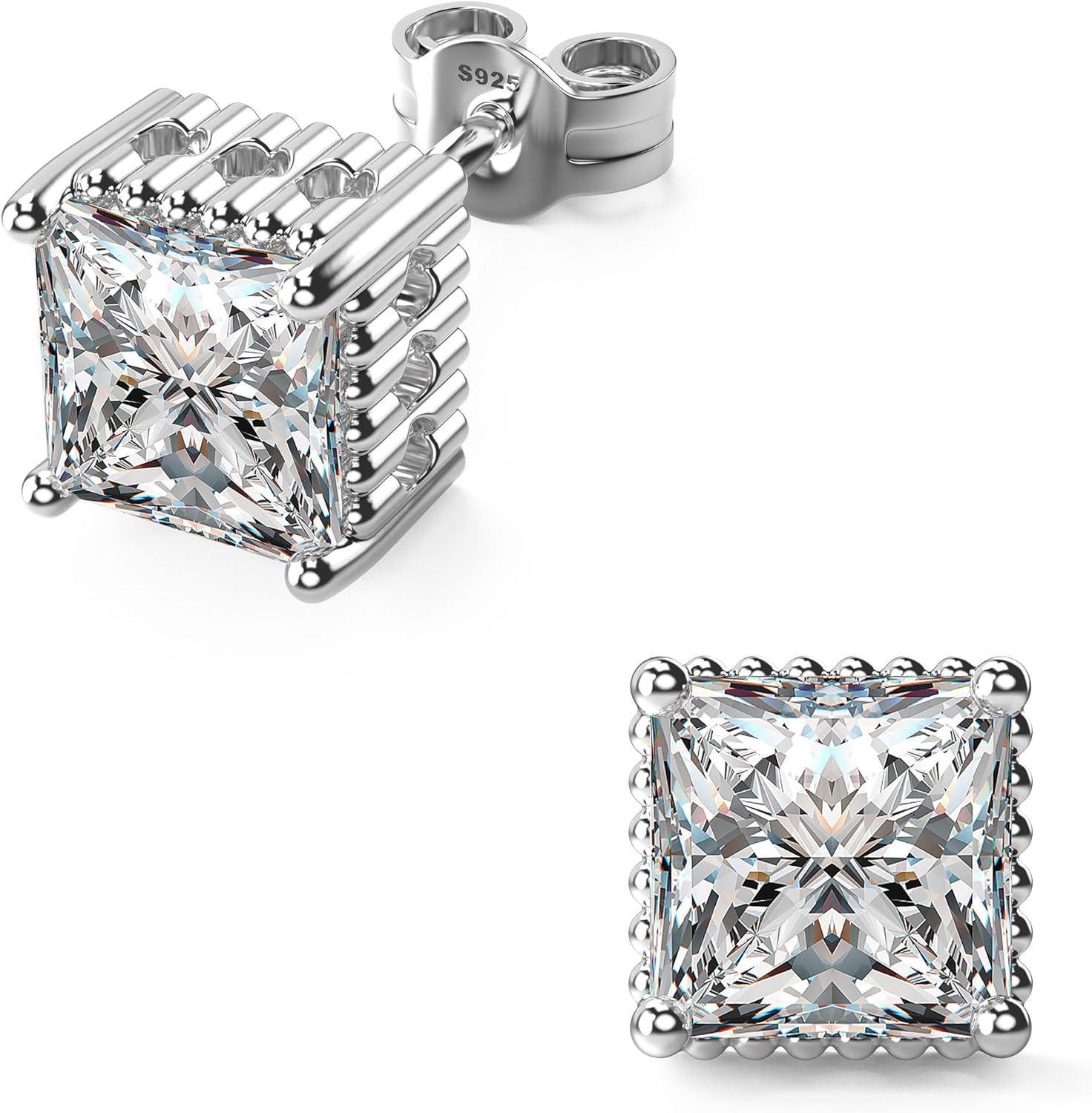 18K White Gold Plated Sterling Silver Square Cubic Zirconia Stud Earrings 4 Prong Princess Cut CZ Simulated Diamond Stud Earrings for Men Women Hypoallergenic