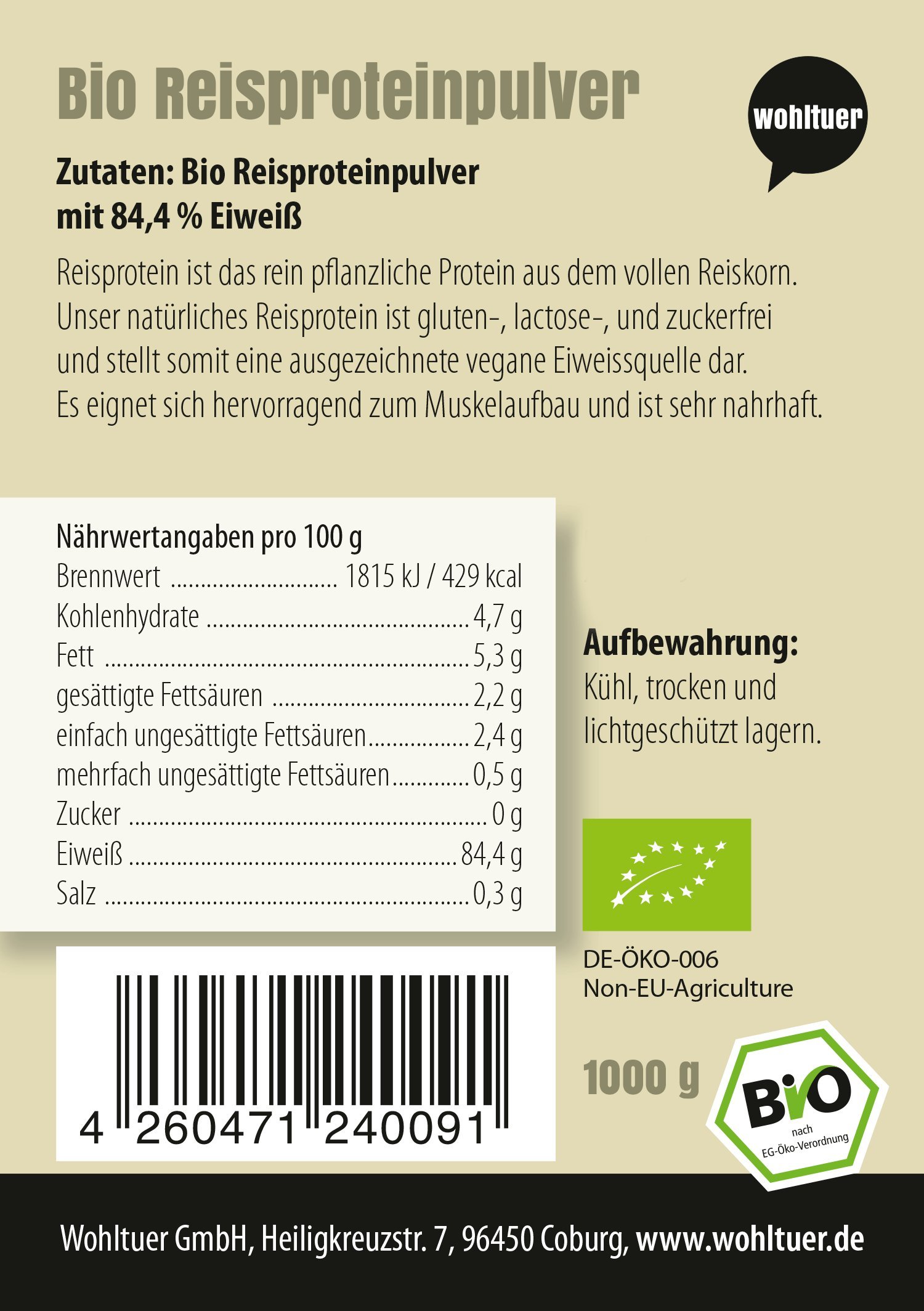 Bio Reisprotein 1000 g | Pflanzliche Proteinpulver | 84,4% Proteingehalt | Vegane Proteine