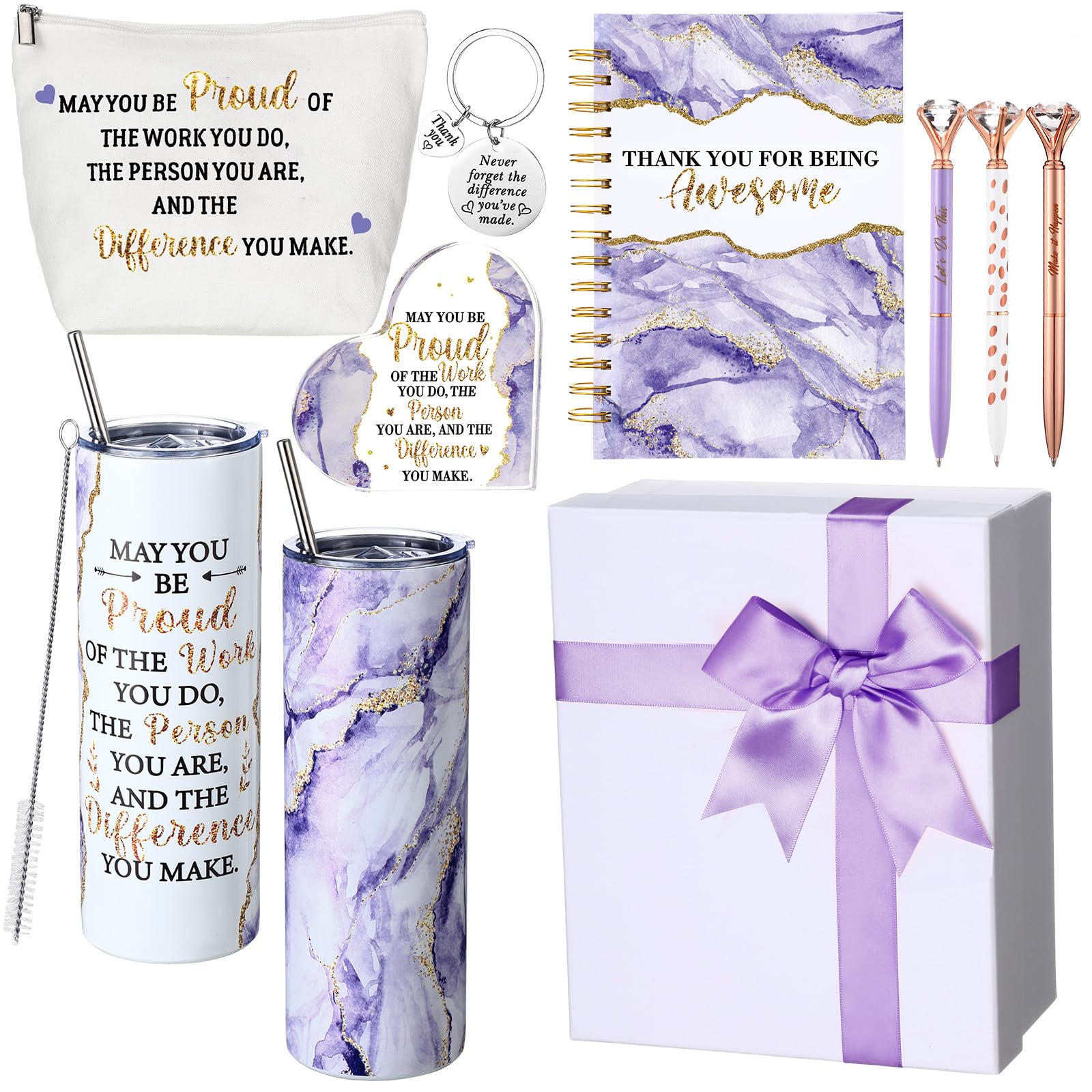 Yungyan 8 Pcs Employees Appreciation Gift for Women Men, May You Proud of The Work You Do Tumbler Notebook Pen Makeup Bag Acrylic Keepsake Keychain