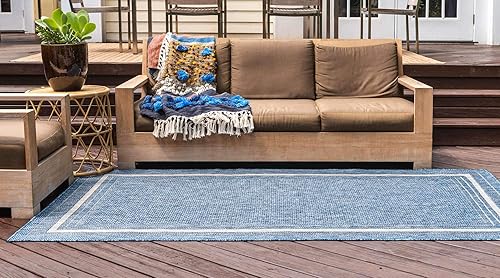 Vista 4 de Unique Loom - Colección Outdoor Border - Tapete para exteriores de borde suave - 5 pies 3 pulgadas x 8 pies, rectangular, azul/marfil azu/marfil
