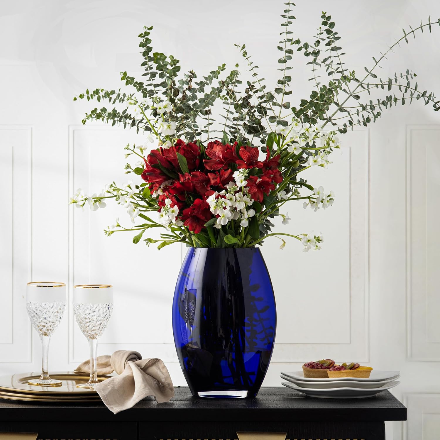 Barski - Handmade Glass - Oval Shaped vase - Cobalt - 12" H (12 Inches High) Made in Europe