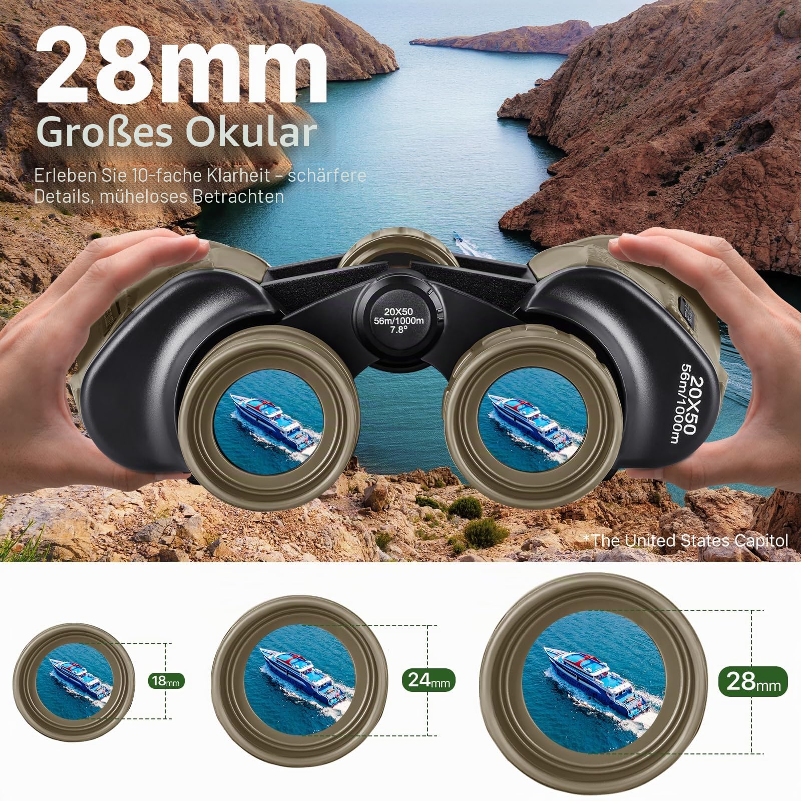Militär-Fernglas für Erwachsene, 20 x 50, mit Smartphone-Adapter, kompakt, wasserdicht, taktisches Fernglas für Vogelbeobachtung, Jagd, Wandern, Konzert, Reisen, Theater mit BAK4-Prisma, FMC-Objektiv,