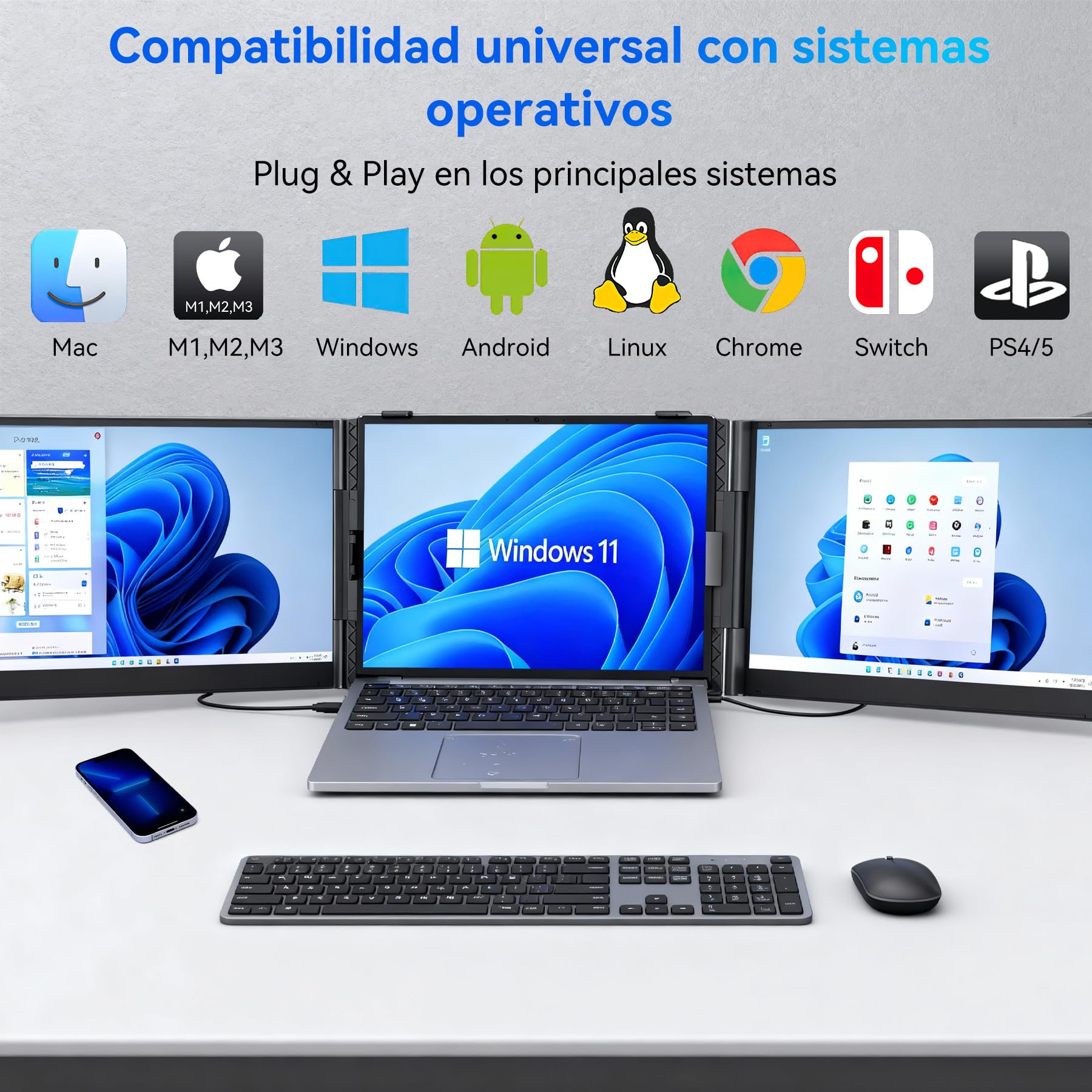 Blackview Monitor Portátil Triple Ultradelgado,14" FHD 1080P IPS Extensor Pantalla Portátil Ordenador con Soporte,Certificación TÜV Luz Azul Baja,con 13"-17.3" Windows/Mac/Chrome/Switch/PS5 — view 3