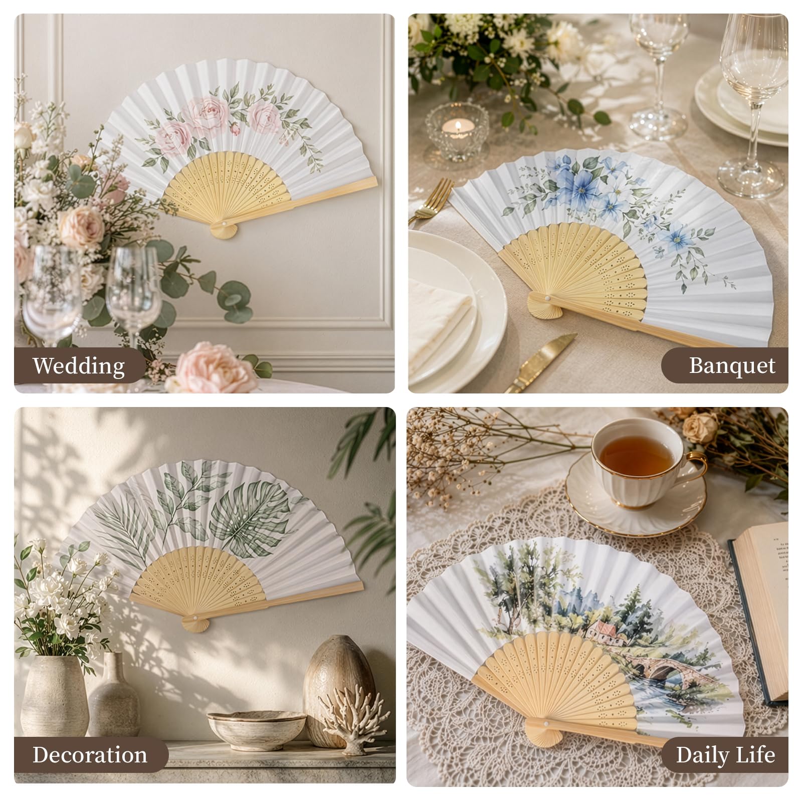 Lot de 40 éventails pliants blancs en bambou - Éventail en papier - Cadeau d'invité de mariage - Éventail peint à faire soi-même - Pour mariage, anniversaire, fête d'été, décoration murale