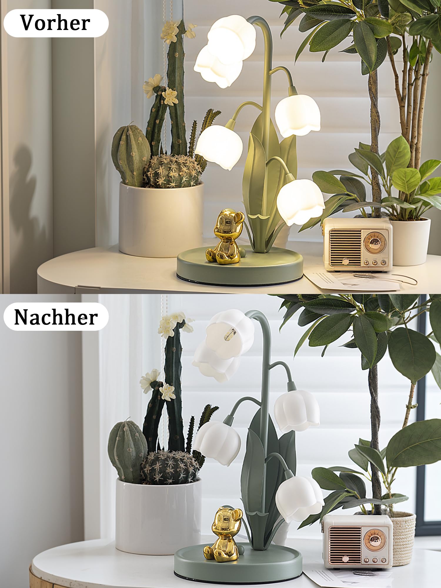 Blume Tischlampe, 5 Lilien Nachttischlampe, Vintage Grüne Tischlampen | 3 Lichtfarben, 5 G4-LEDs inklusive und stabiler Eisenfuß, Perfekt für Schlafzimmer, Wohnzimmer, Büro, Wohnkultur