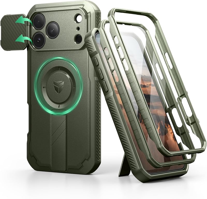 Dexnor for iPhone 17 Pro Max Case, [2 Front Frame & Built-in Flip Camera Cover & Kickstand], Compatible with MagSafe, Heavy-Duty Shockproof Protection Case with Screen Protector, 6.9 inch Army Green