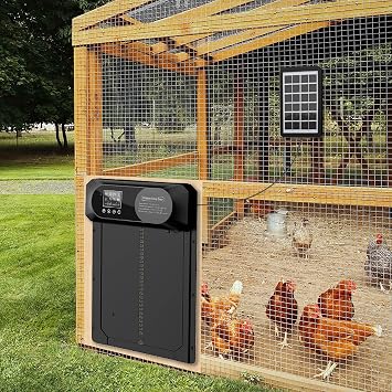Puerta Automática para Gallinero Solar Abrepuertas automático para gallinero with Timer/Manual/Light Sensor Mode Waterproof Large Display Anti-pinch function Suitable for outdoor breeding