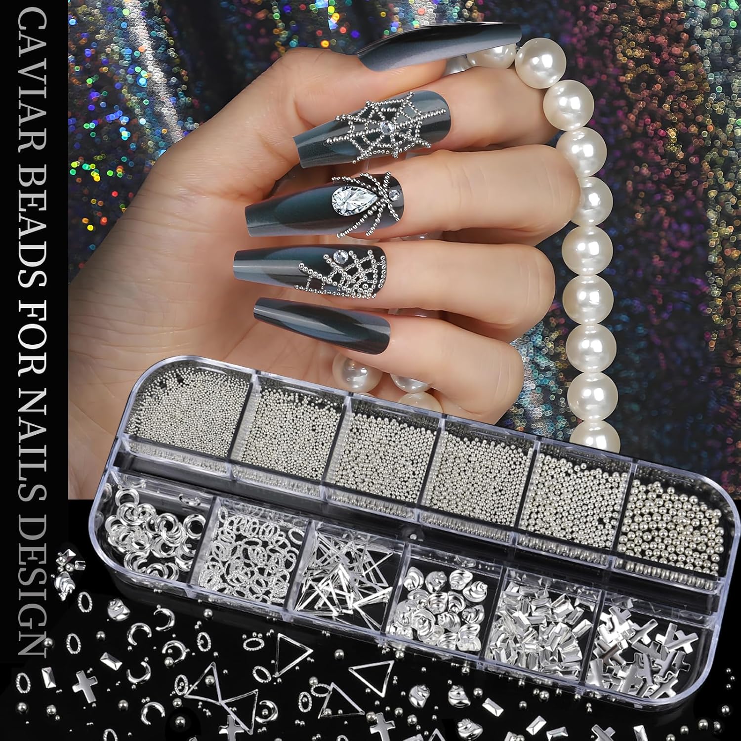 Teenitor Silver Nail Charms and Gems Kit, 4 Boxes Nail Gems Silver Rhinestones for Nails, 3D Y2K Accessories Nail Decor, Cross Charms for Nails Design Star, Caviar Beads for Nails Art - Image 7