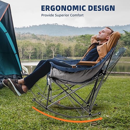 Miniatura 5 de Silla mecedora de gran tamaño para adultos, silla de campamento acolchada de capacidad de 400 libras con soporte para tazas, silla mecedora portátil