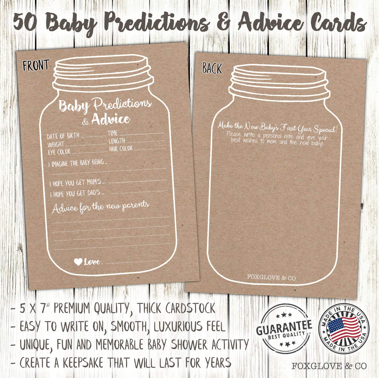 50 Mason Jar Baby Shower Prediction and Advice Cards Rustic Baby