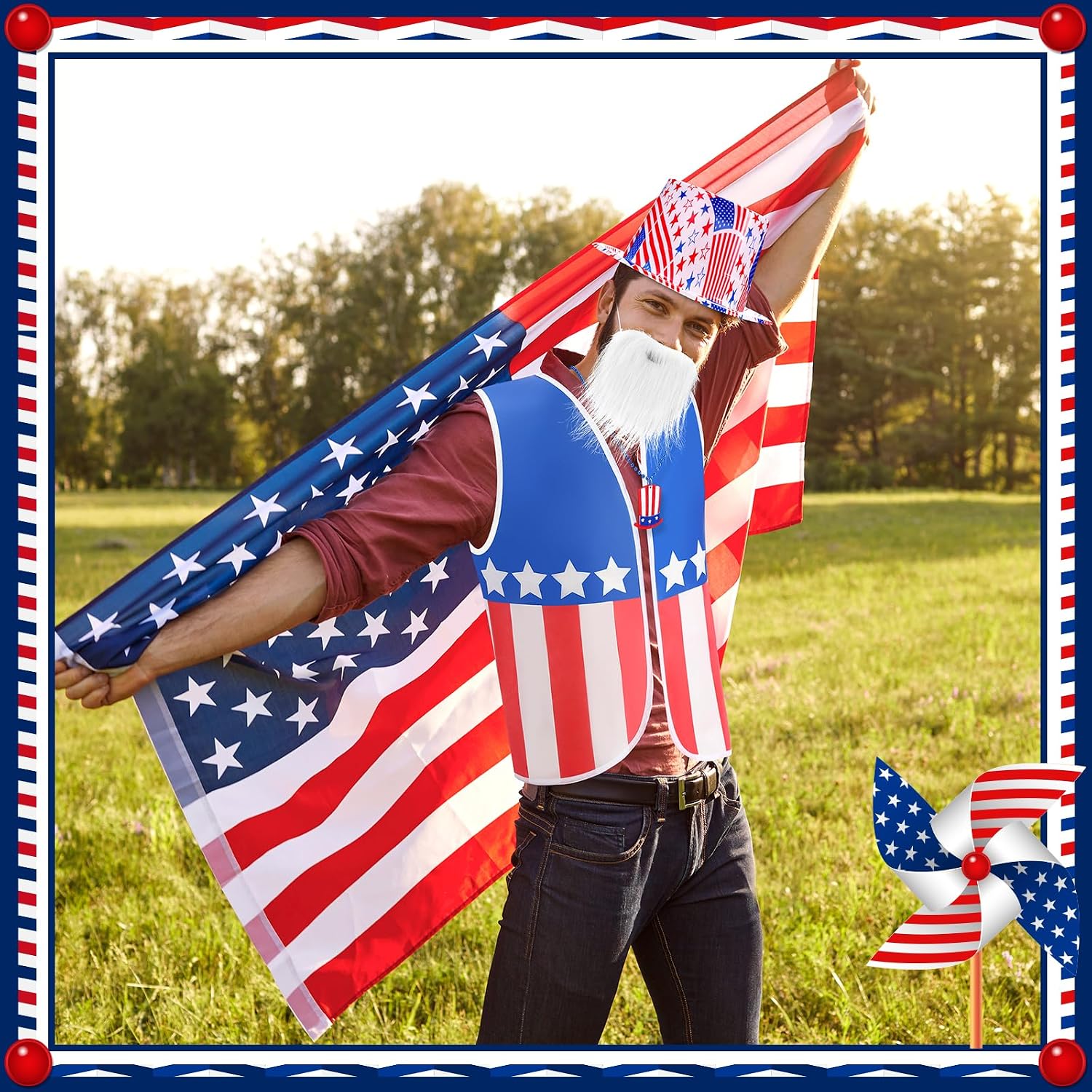 Yahenda 12 Pcs American Flag Costume Man 3 Set USA Patriotic Accessories 4th of July Outfit for 250th Anniversary Party