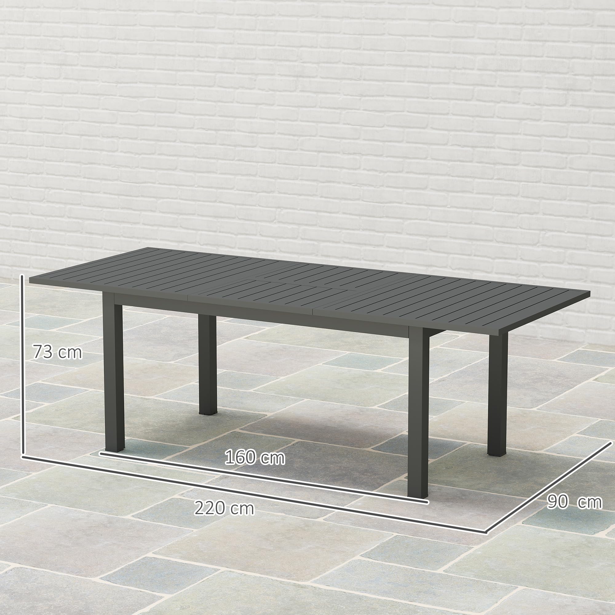 Outsunny Tavolo da Giardino Allungabile per 6-8 Persone da 160/220x90x73 cm, Tavola da Pranzo Estensibile Rettangolare con Piano a Doghe in Alluminio, Per Patio, Balcone, Terrazzo ed Esterno, Grigio