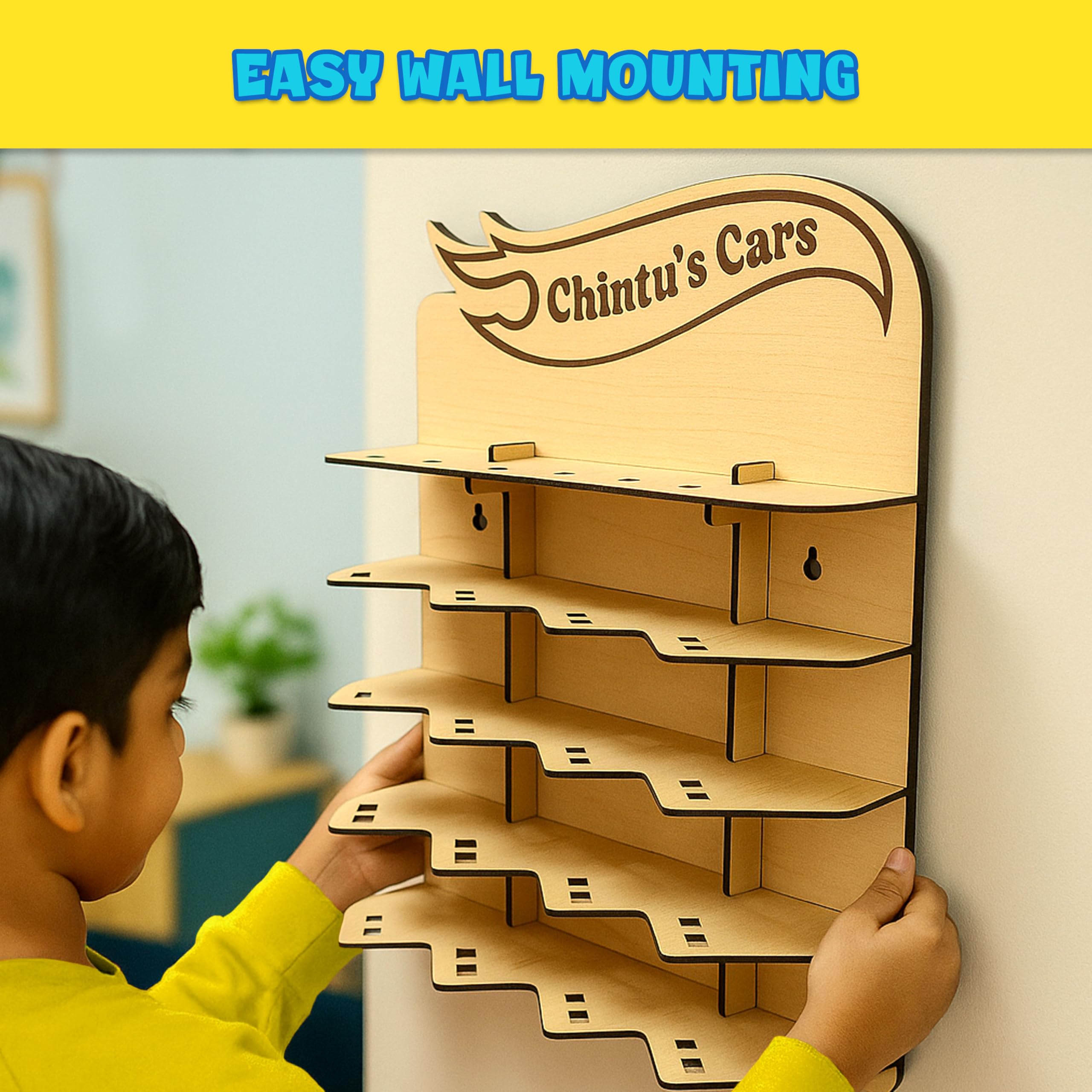 SWAGSTATION Hotwheels Display Toy Car Garage – Customised Personalised Gift for Boys – Wooden Wall Hanging Car Stand to Hold 20 Toy Cars – Parking Garage Storage – Kids Room Décor Gift (Only Stand) 4