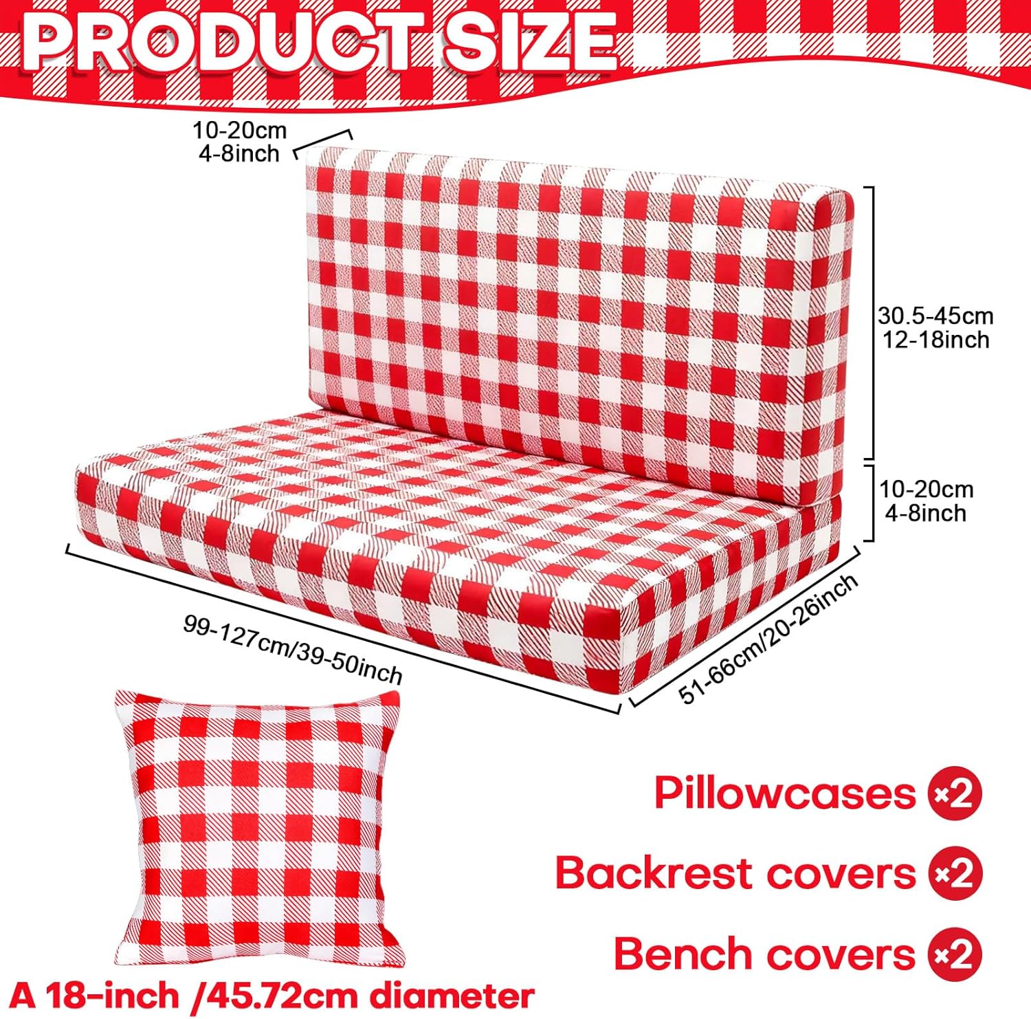 6Pcs Rv Dinette Cushion Covers Checkered Cushion Covers Dinette Booth Seats Stretch Washable Rv Seat Cover for Camper Car Bench with 2 Pillowcase,2 Backrest and 2 Bench Cover(Red)
