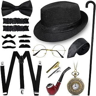 1920s Gatsby Fancy Dress Accessories Set, Costume Kit with Hat, Bow Tie, Pocket Watch, Suspender, Glasses