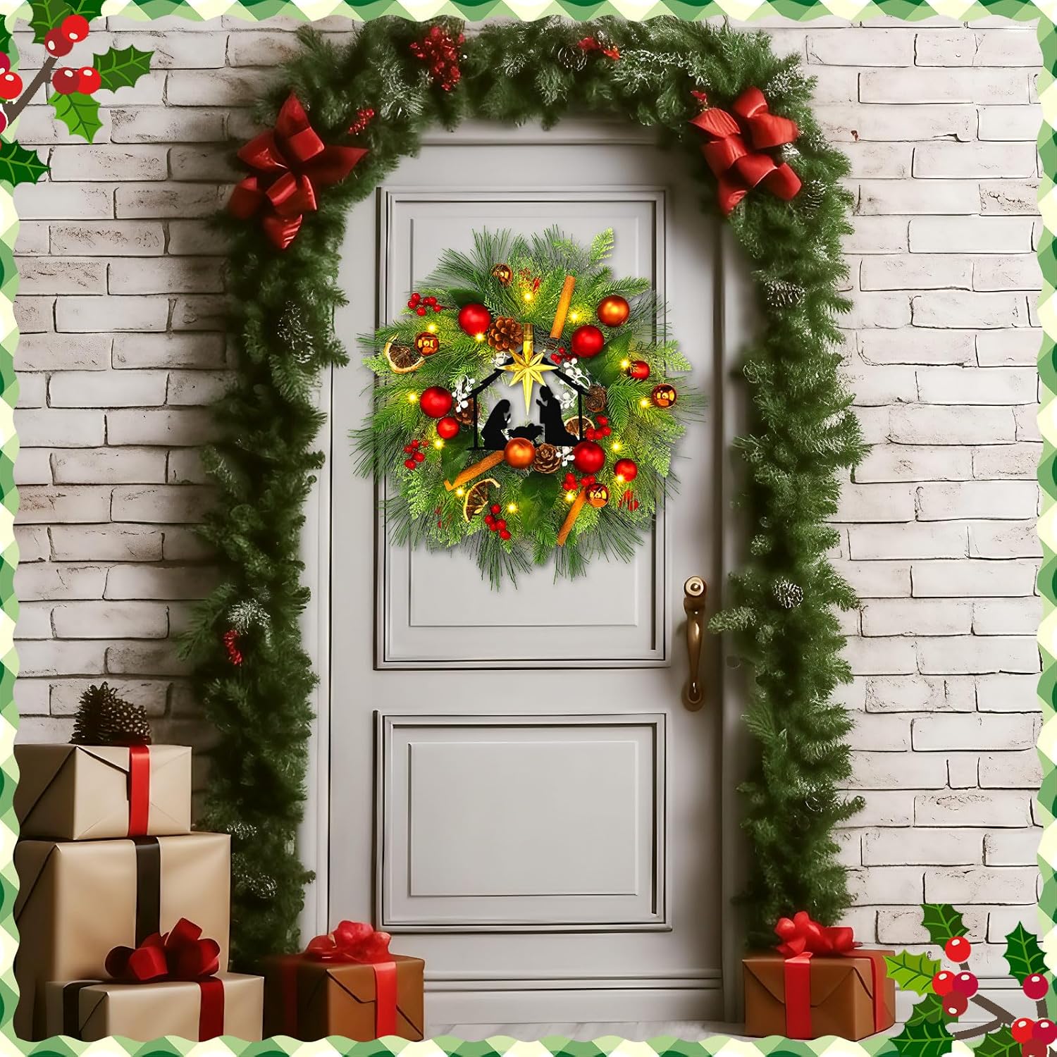 Christmas Pre Lit Nativity Wreath Christmas Wreath with Light Nativity Scene Sign 13.7'' Artificial Xmas Floral Hoop with Pine Cones Dried Orange Slices Cinnamon Sticks for Front Door, Window