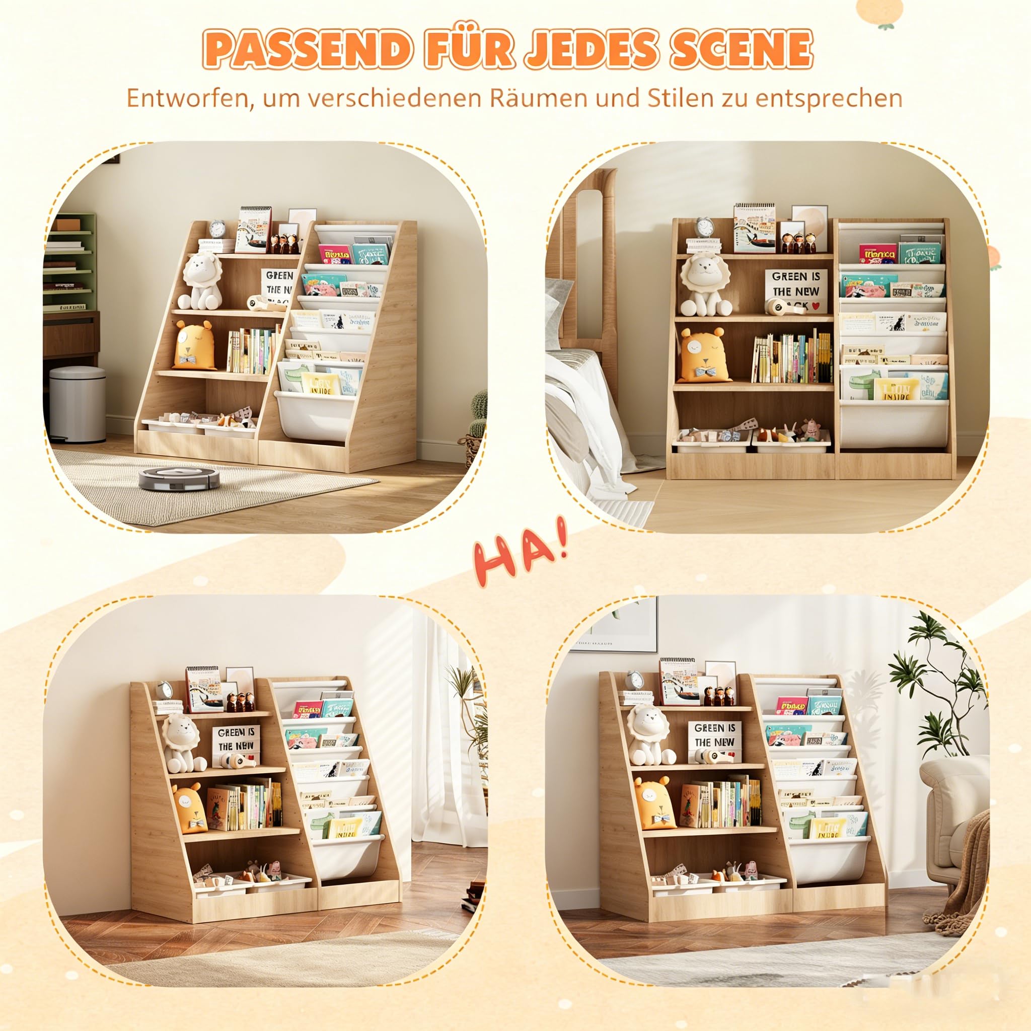 KEEPREAPER Kinderregal Bücherregal für Kinder 90x40x80cm, mit 5 Ablage und 4 offenen Fächern, Holz, Spielzeugregal, Spielzeug-Organizer für Kinderzimmer, Natur