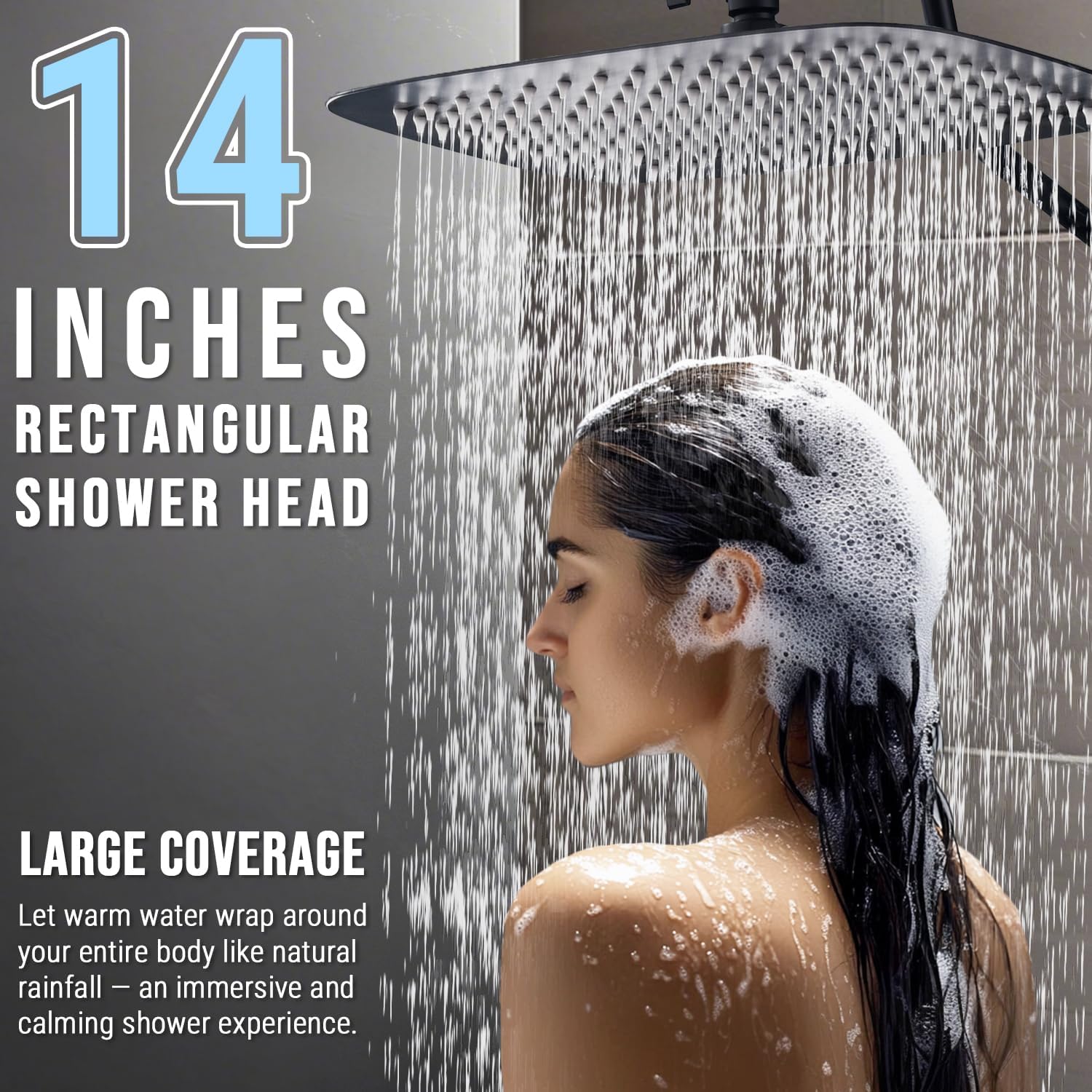 G-Promise 14 Inches Shower faucet Sets Complete, All Metal Rainfall Shower Head and Handle Set, Extended Downward Diverter, Extension Arm, Pressure Balance Rough-in Valve and Tub Spout Included