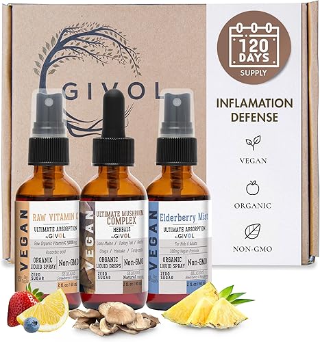 Paquete de defensa de la inflamación líquido Ultimate Mushroom Complex con melena de leones, reishi, cordycepts y chaga, vitamina C cruda y