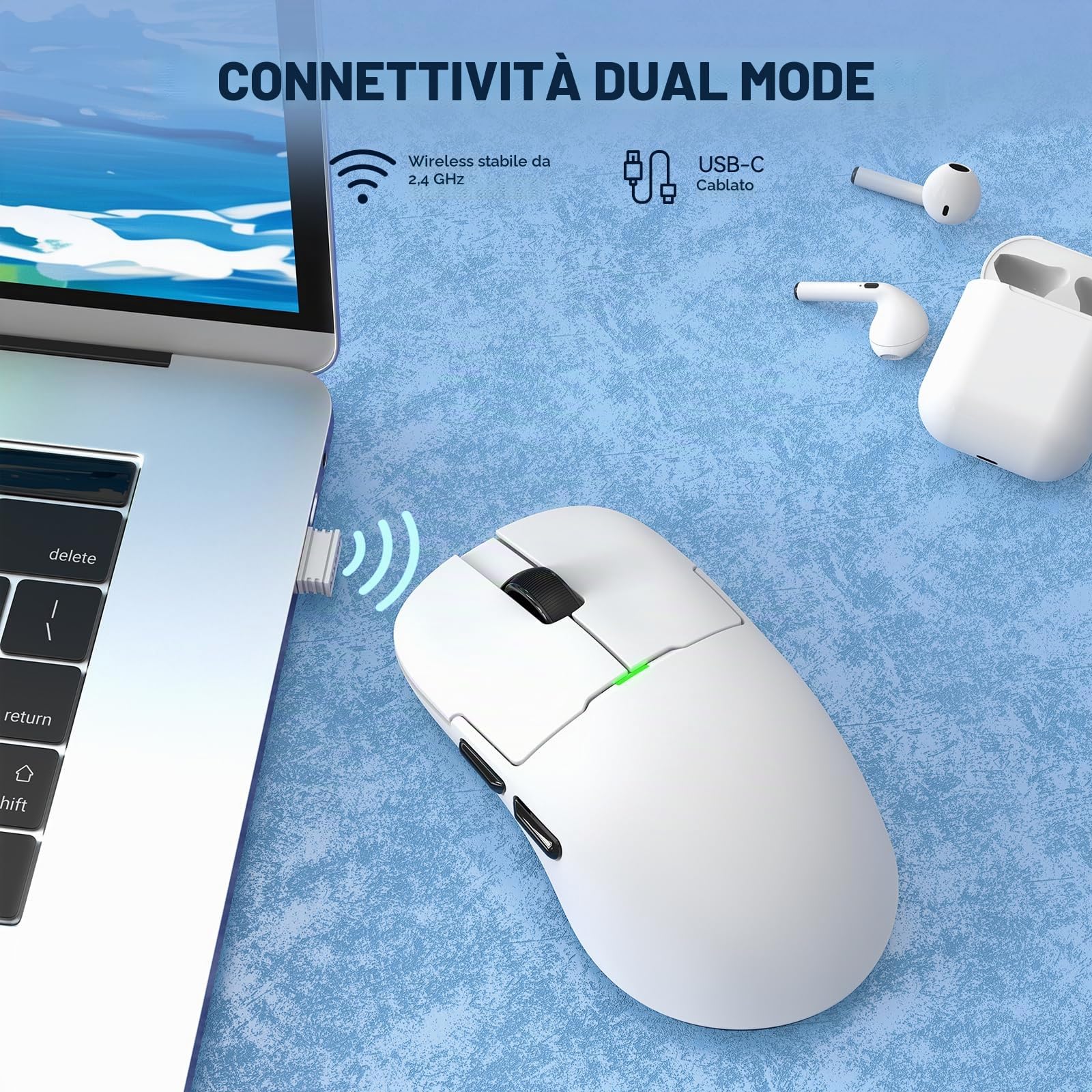 MAGIC-REFINER X AJAZZ AJ159 Mouse Da Gioco Wireless, Mouse Da Gioco Per PC Cablati 2.4G/USB - C, Mouse Computer Ricaricabili, Sensore PAW3395, 6 DPI Regolabili Fino a 26000 per PC/Mac - Bianco