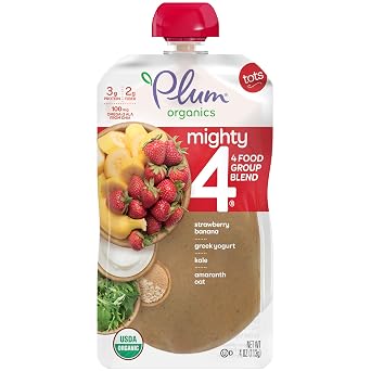 Plum Organics Mighty 4 Blends Strawberry Banana, Greek Yogurt, Kale, Oat & Amaranth, 4oz Pack of 6