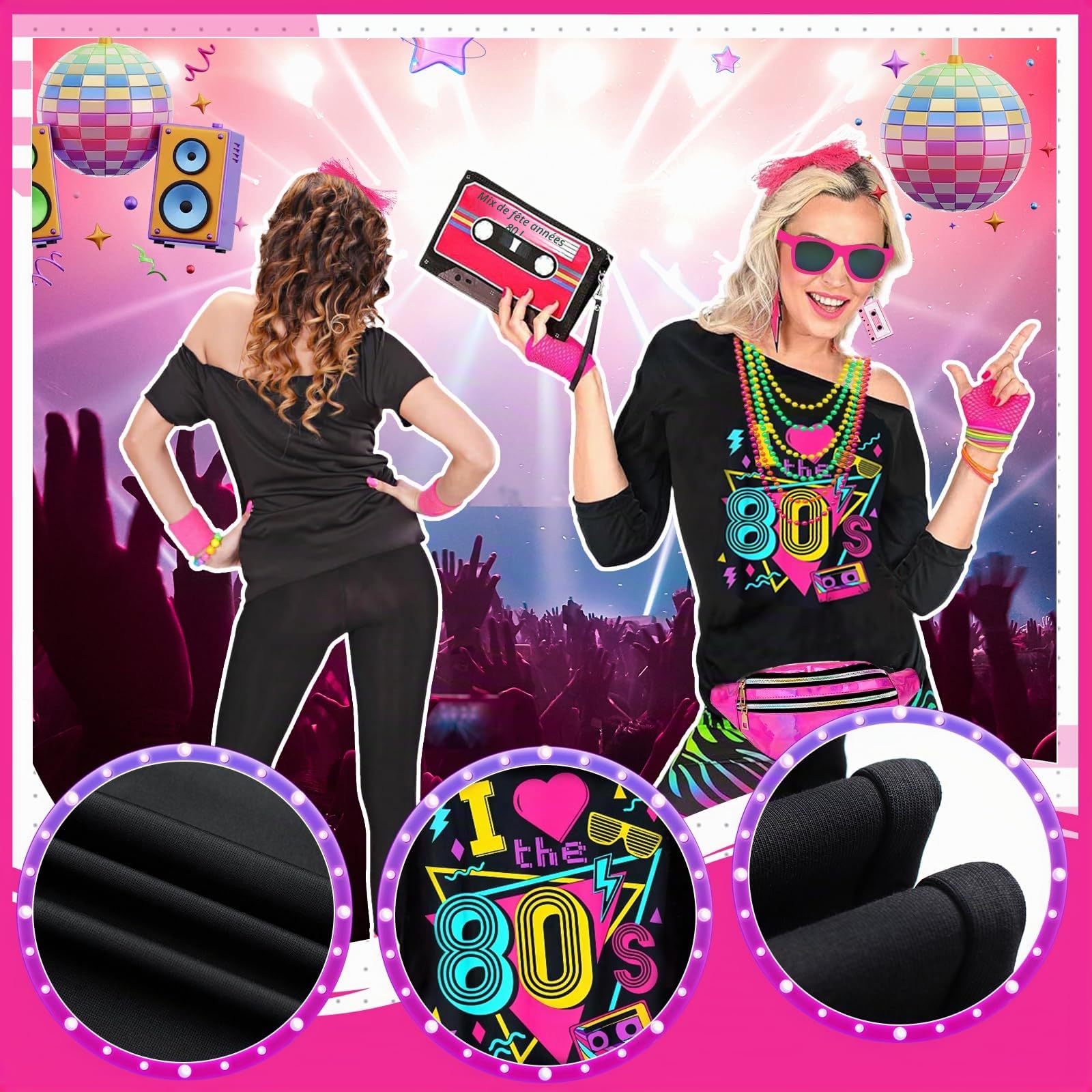 22Pièces Déguisement de Année 80 pour Femme, 80s Ensemble d'accessoires de Costume avec T-shirt Tutu Sac de Ceinture Gants Bandeau Lunettes Boucles Oreilles Collier pour Halloween Carnaval Thème Fête