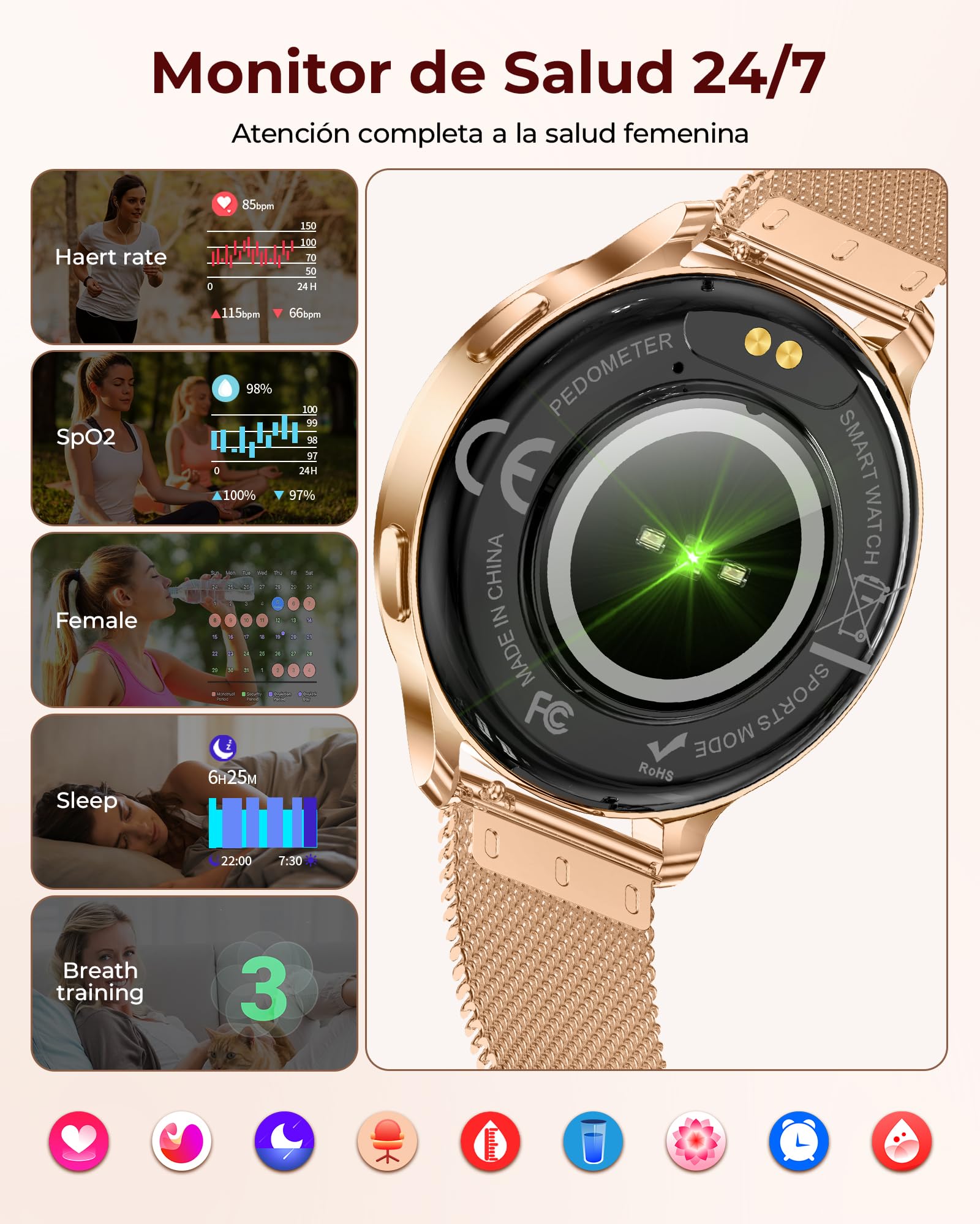 Iaret Reloj Inteligente Mujer con 3 Correas, 1,27" Pantalla AMOLED, Smartwatch Redondo con Llamadas Bluetooth, 120+ Modos Deportivos, SpO2/Pulsómetro/Sueño, para Android iOS, Regalo, Oro Rosa
