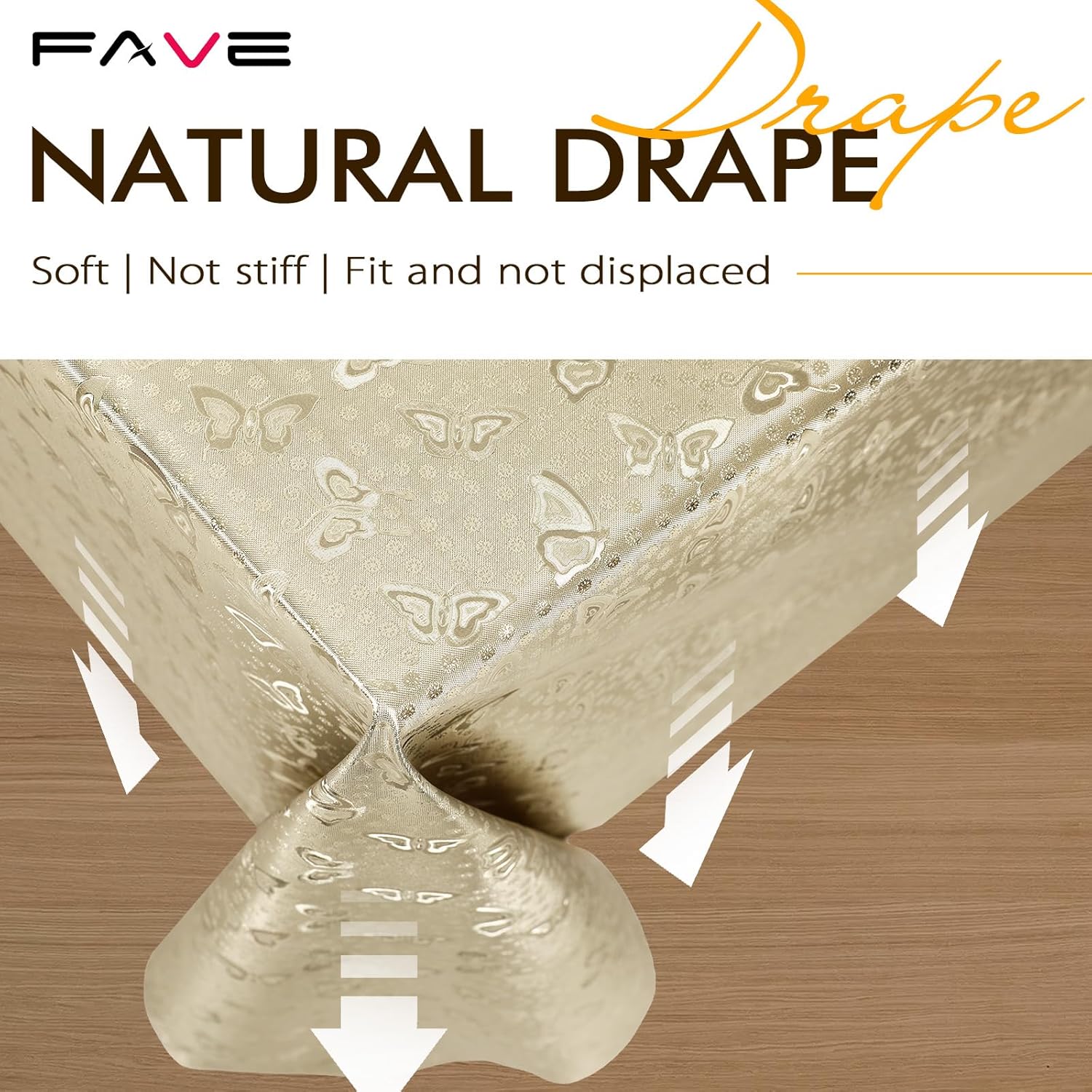 FAVE Gold Vinyl Tablecloth for Rectangle Tables 55x87 Inch, Waterproof Wipeable Table Cover, Heavy-Duty Stain-Resistant Tablecloth for Dining Party Wedding Picnic Indoor Outdoor Use(Butterfly)