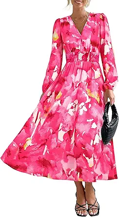 PRETTYGARDEN Women's Floral Midi Dress Casual Fall V Neck Long Sleeve Flowy Spring Beach Wedding Guest Vacation Dresses