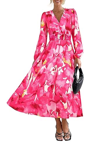 PRETTYGARDEN Women's Floral Midi Dress Casual Fall V Neck Long