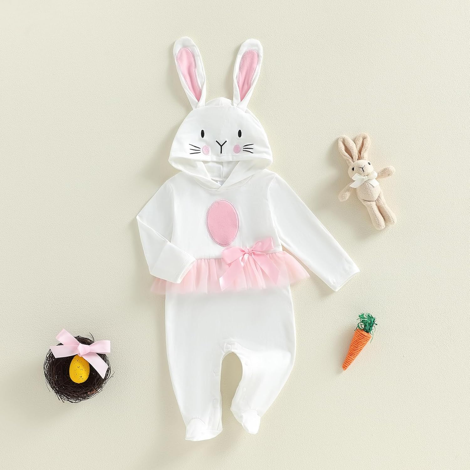 Twopumpkin My First Easter Outfit Baby Girl Newborn Bunny Onesie Ruffle Tulle Tutu Dress Romper Hooded Jumpsuit With Ear - Image 2