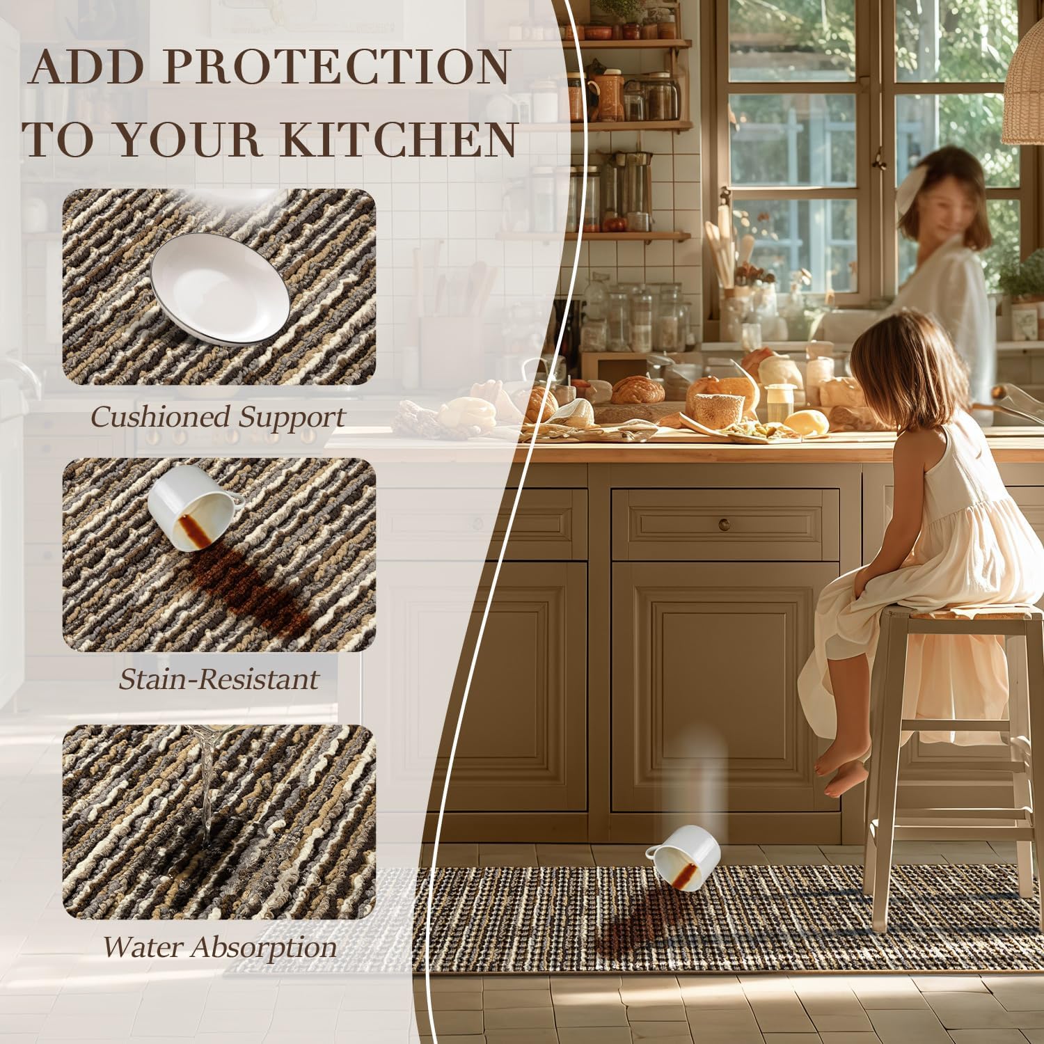 Kitchen Rugs Sets of 2-Non Slip Kitchen Mats for Floor-Thick Stain Resistant Vintage Kitchen Floor Mat Runner Carpet for Hallways Entryway Laundry Room Washable（Brown 20"x47"+20"x32"）