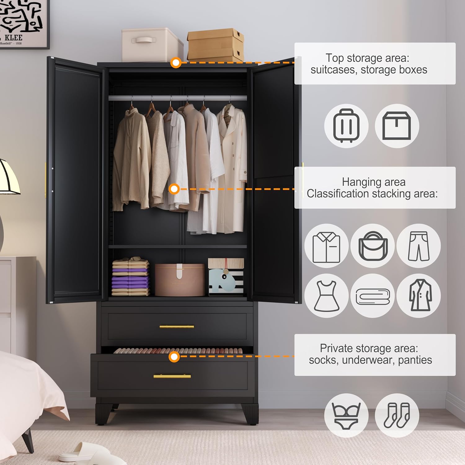 RIETERN Metal Armoire Wardrobe Closet, 71" Tall Bedroom Closet with Mirror, 2 Drawers, Adjustable Shelves, and Hanging Rod, Steel Clothes Closets and Storage, for Bedroom Black