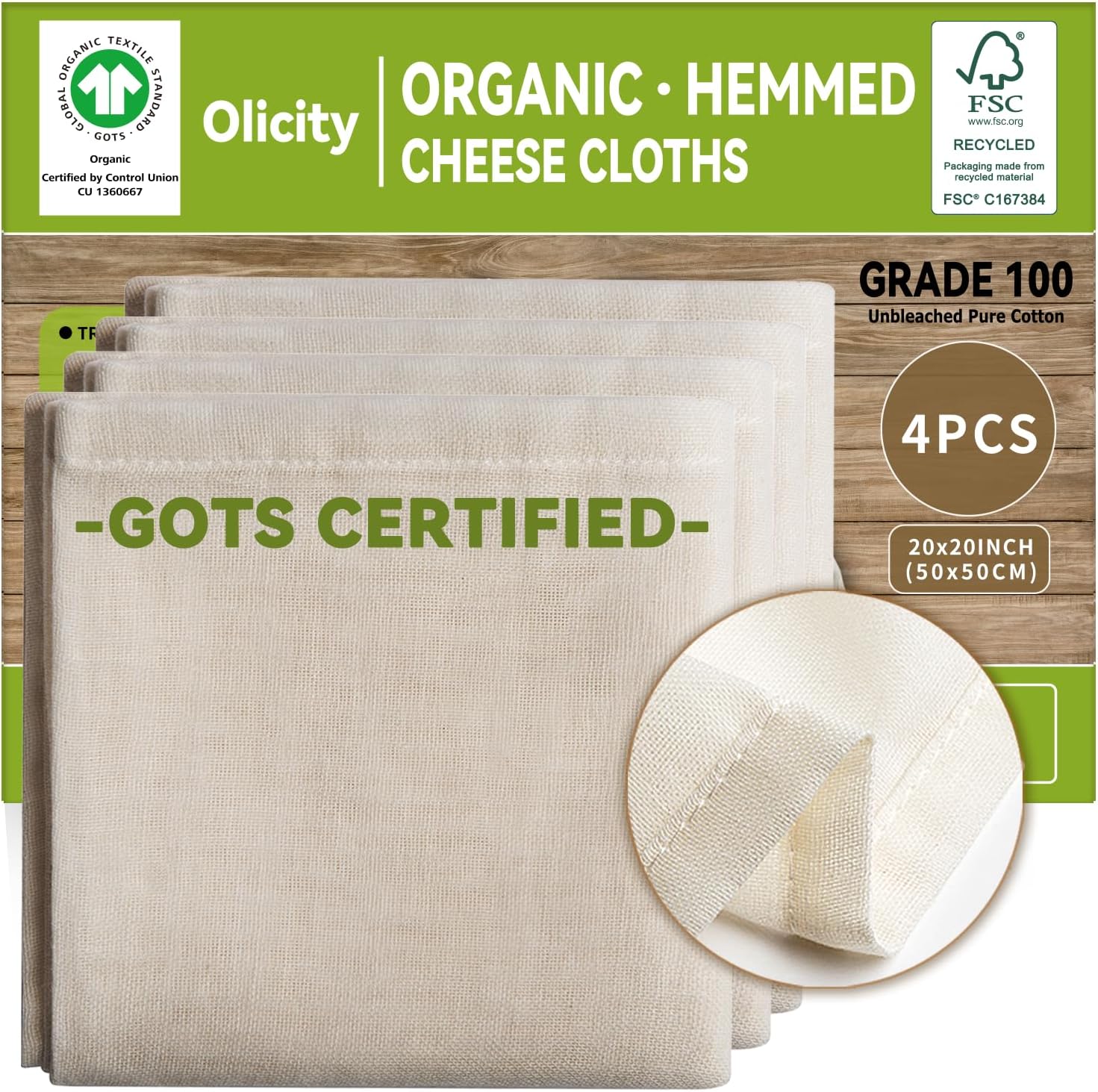 Amazon.com: Organic Cheese Cloths, GOTS Certified, 4Pack, Grade 100 ...