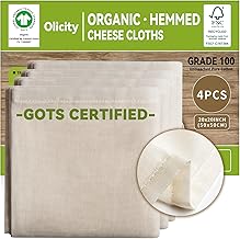Organic Cheese Cloths, GOTS Certified, 4Pack, Grade 100,20x20Inch Hemmed Cheese Cloth Fabric Reusable Fine Mesh Cloth, 100% Cotton Unbleached Muslin Cheesecloth for Straining, Cooking, Butter,Tea,Tofu
